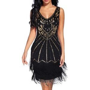 Babeyond Flapper Dress Black Gold Sequin Fringe Gatsby 1920s Costume Party‎ L